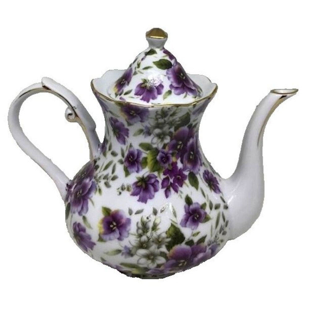 Porcelain Victoria's Garden Chic Purple Pansy Tea Pot White China Lid Gold Trim